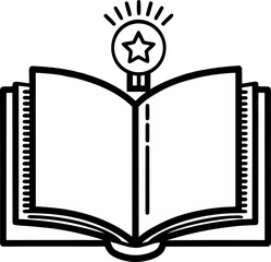 Open book with star lightbulb knowledge and ideas concept black and white line art