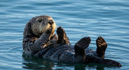 Relaxed sea otter floats effortlessly in the tranquil, calm blue ocean water