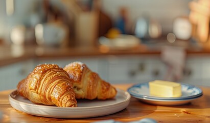 Freshly Baked Croissants and Butter on a Kitchen Table