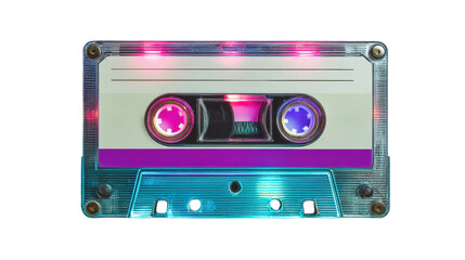 A vibrant, retro cassette tape with neon highlights on a white isolated background.