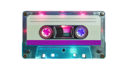 A vibrant, retro cassette tape with neon highlights on a white isolated background.