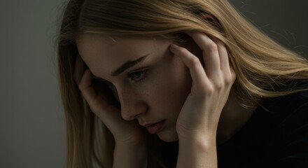 Obraz premium Portrait of a young woman experiencing stress and holding her head