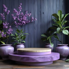 Modern luxury 3d round podium in violet tones designed for premium product presentation mockup scene using smooth elegant surfaces realistic textures professional minimalist branding.