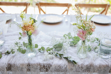 Beautiful details of the flower decorations at a wedding's reception. 