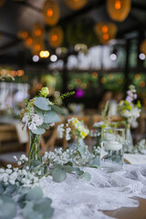 Beautiful details of the flower decorations at a wedding's reception. 