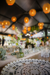 Beautiful details of the flower decorations at a wedding's reception. 