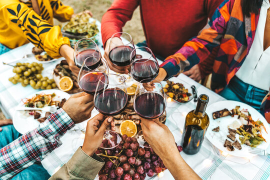 Happy friends drinking red wine at bbq dinner party - Close up photo of hands holding wineglasses