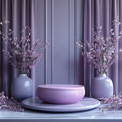 Modern luxury 3d round podium in violet tones designed for premium product presentation mockup scene using smooth elegant surfaces realistic textures professional minimalist branding.