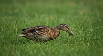 Female mallard feeding gracefully among vibrant green grass on a field