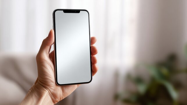 Person Holding Mobile Phone with Blank Screen in Relaxed Indoor Setting Conveying Modern Communication and Digital Lifestyle in Everyday Context