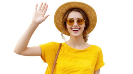 Cheerful woman waving in summer attire with a straw hat and sunglasses, white isolated background.