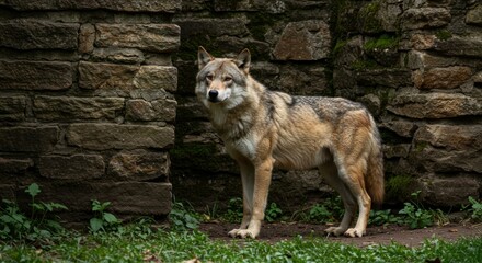 Obraz premium Portrait of a wolf standing near an old stone wall in a natural habitat
