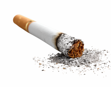 Cigarette lying on white background symbolizing smoking and health risks