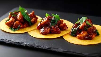 fusion dish with Thai basil chicken taco on slate plate