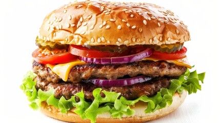 Gourmet Cheeseburger with Grilled Patty and Fresh Veggies as Lettuce, Tomato on White Surface for Fast Food Advertisement or Restaurant Promotion.
