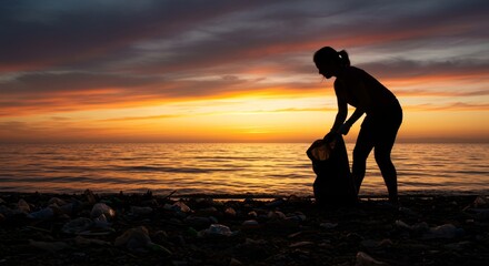 Dedicated volunteer cleaning a polluted beach during a vibrant sunset