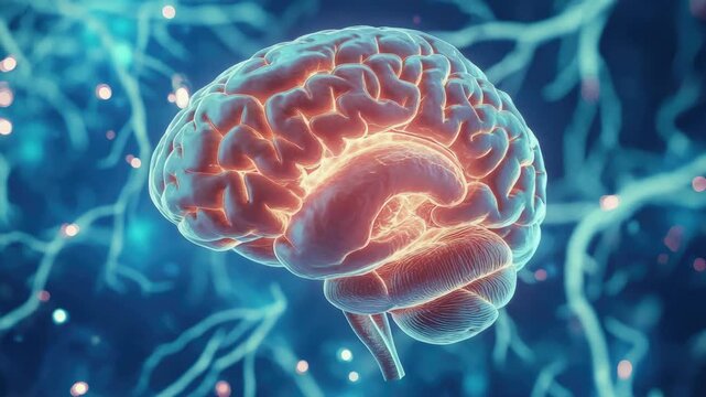 Red brain with blue sparks and neurons.
