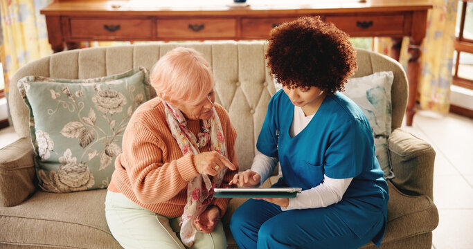 Technology, home and nurse with senior woman in retirement for consultation with research. Tablet, healthcare checkup and medical caregiver with elderly female patient for treatment plan in house. - Powered by Adobe