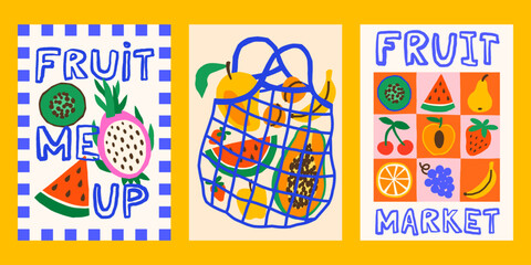Summer tropical vector posters set. Bright print designs with exotic fruits in blocks, string bag illustrations
