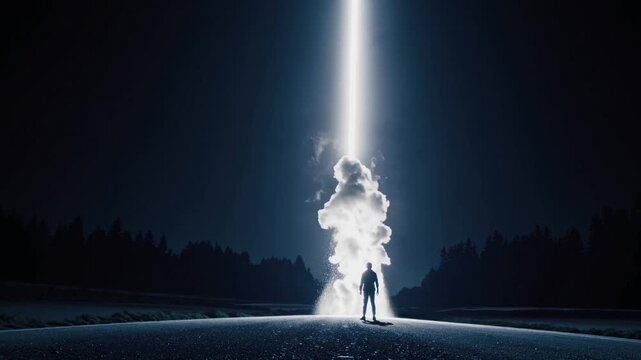 Mysterious light beam illuminates dark landscape with figure standing beneath