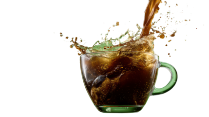 Coffee splash in green cup, white isolate background