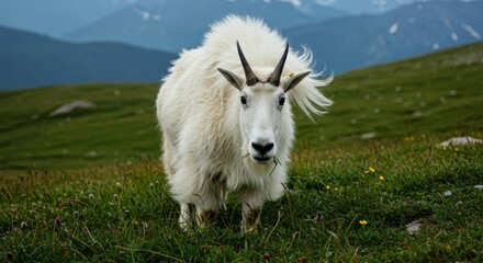 Obraz premium Majestic Mountain Goat Grazing on a Lush Green Meadow in the Rockies