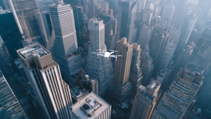 Drone delivering package over cityscape at sunrise - Powered by Adobe