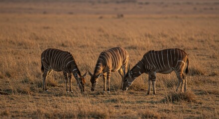 Obraz premium Three beautiful nyalas grazing in a golden grassy african field at sunrise, embodying the wild beauty of the natural world in serene tranquility