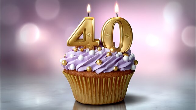 Elegant Purple Cupcake with Golden 40 Candles Celebrating Special 40th Birthday Occasion - Powered by Adobe