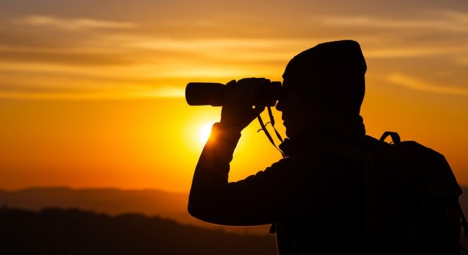 Silhouette of explorer using binoculars at golden sunset peak