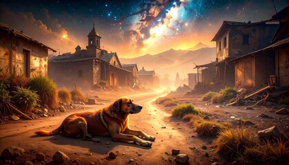Dog's Serene Rest in Abandoned Village Under Starry Skies, abstract photography