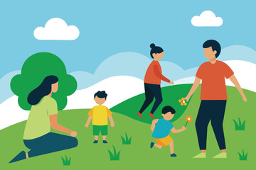Family Enjoying Outdoor Activities: Cartoon Illustration of Parents and Children Playing in a Park on a Sunny Day