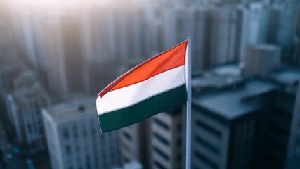 A vibrant flag proudly waving against the backdrop of a modern city skyline. The flag's colors of red, white, and green stand out as it flies in the wind. - Powered by Adobe