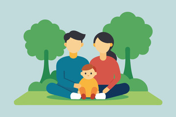 Vector Illustration of a Happy Family Sitting on Grass in a Park: Parents and Child Enjoying Nature, Flat Design Style