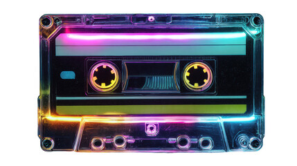 Colorful vintage cassette tape with glowing neon effect, isolated on white background.