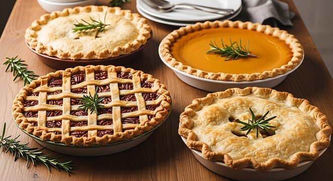 Delicious assortment of freshly baked pies for thanksgiving holiday on wooden table