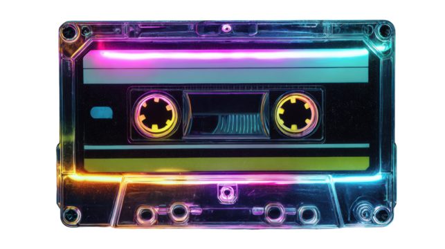 Colorful vintage cassette tape with glowing neon effect, isolated on white background.