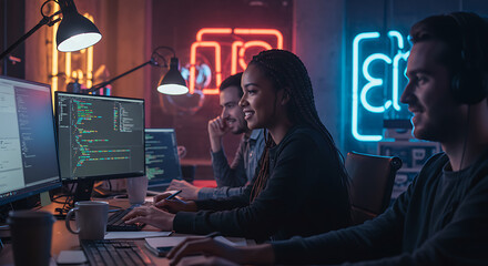 Group of developers collaborating in creative tech environment