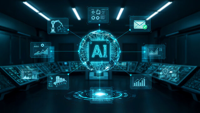 Futuristic AI agent hologram managing automated workflows with interactive data dashboards