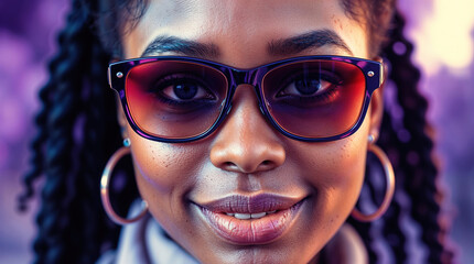 A black woman with dark hair and glasses is smiling