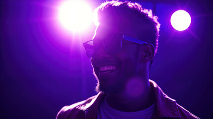 A man with sunglasses on a stage with purple lights