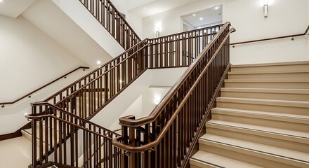 Elegant interior staircase with wooden handrails and neutral colored steps showcasing