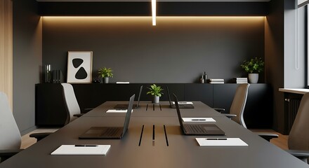 A sleek, modern executive office with a large desk and city view at night.