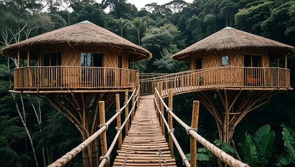 Obraz premium Bamboo treehouse village in a Southeast Asian rainforest, rope bridges.