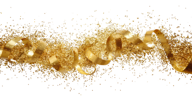 Festive golden ribbons and confetti for celebration, isolated on white background.