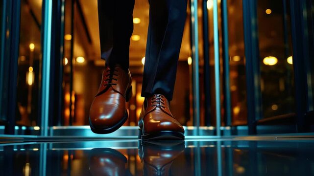 Elegant Close-Up of Brown Leather Shoe on Glossy Floor Amidst Modern Architectural Design
