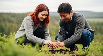 Diverse couple planting tree seedling in nature, symbolizing environmental protection efforts