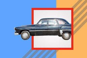 black retro car on blue orange background