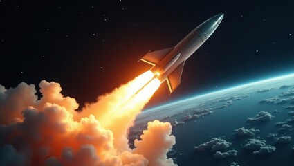 Rocket launch into space, surrounded by clouds of smoke.