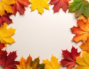 Fototapeta premium Vibrant autumn maple leaves create a colorful natural frame surrounding a plain white background, symbolizing the beautiful change of season.